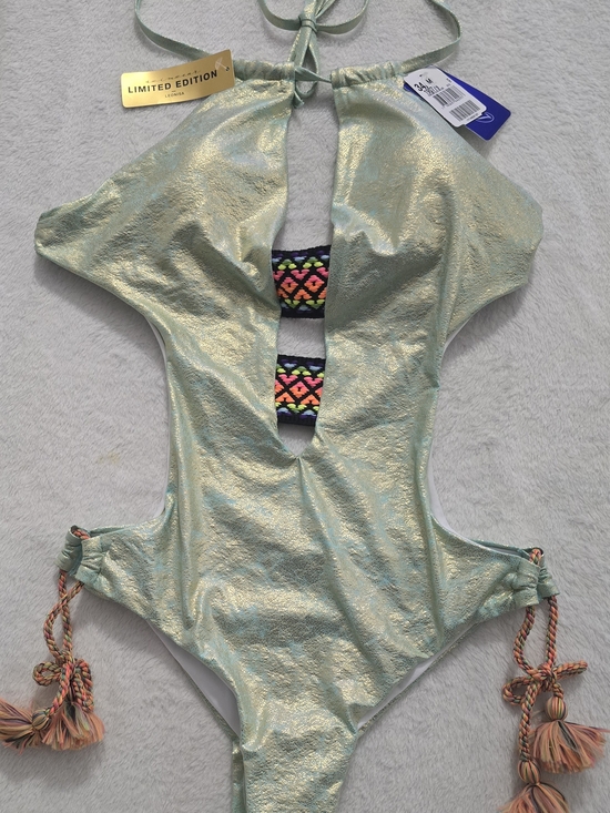 Leonisa Other - Leonisa Limited Edition Metallic Mint One-Piece Swimsuit with Tassel Accents